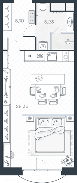 Планировка: Студия · 39,43 м²