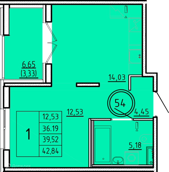 Планировка: 1 комната · 36,19 м²