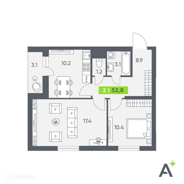 Планировка: 2 комнаты · 52,8 м²