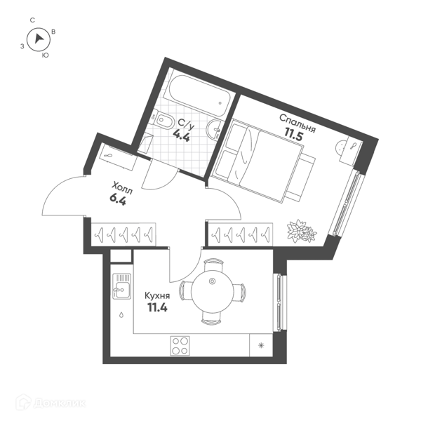 Планировка: 1 комната · 33,7 м²