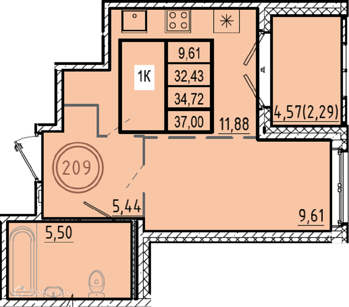 Планировка: 1 комната · 32,43 м²