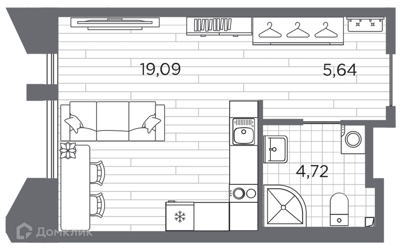 Планировка квартиры: Студия · 29,45 м²