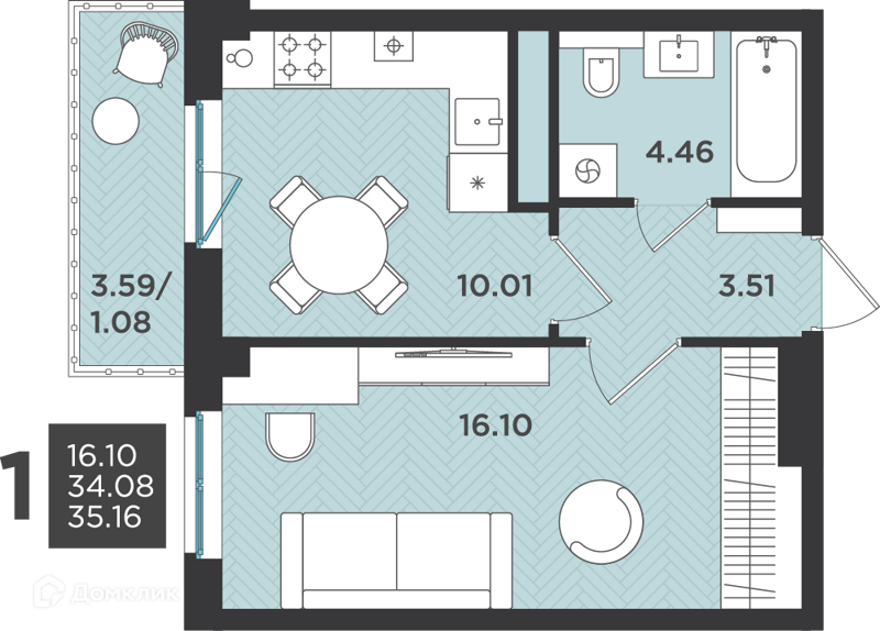 Планировка: 1 комната · 35,16 м²
