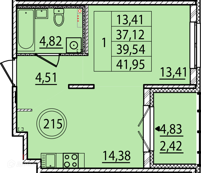 Планировка: 1 комната · 37,12 м²