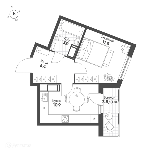 Планировка: 1 комната · 34,5 м²