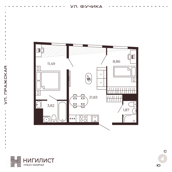 Планировка: 2 комнаты · 47,87 м²