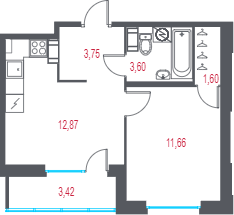 Планировка: 1 комната · 35,19 м²
