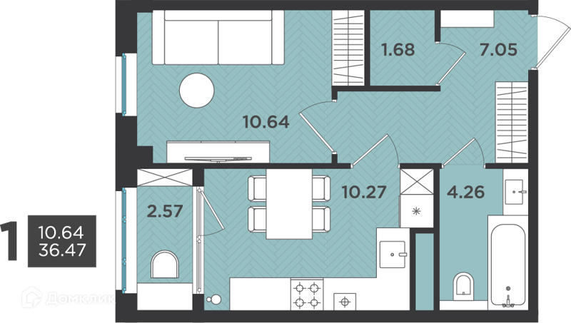 Планировка: 1 комната · 36,47 м²
