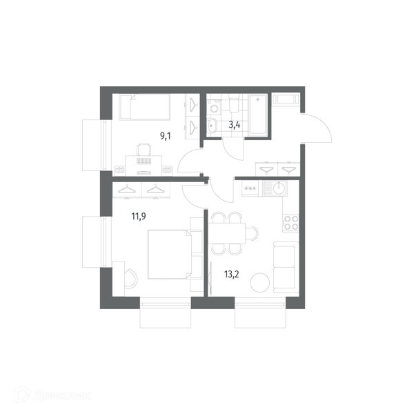 Планировка: 2 комнаты · 43 м²