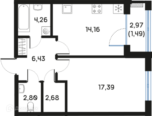 Планировка: 1 комната · 49,39 м²