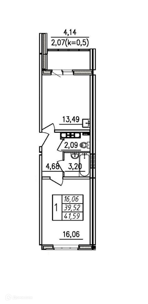 Планировка: 1 комната · 41,59 м²