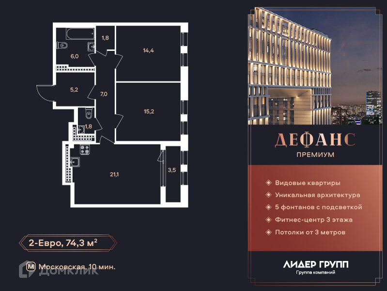 Планировка: 2 комнаты · 74,3 м²