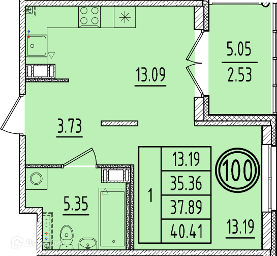 Планировка квартиры: 1 комната · 35,36 м²