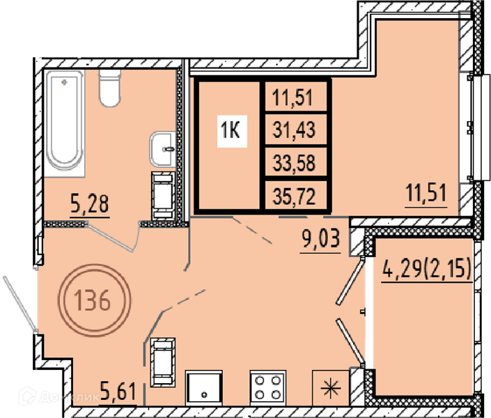 Планировка: 1 комната · 31,43 м²