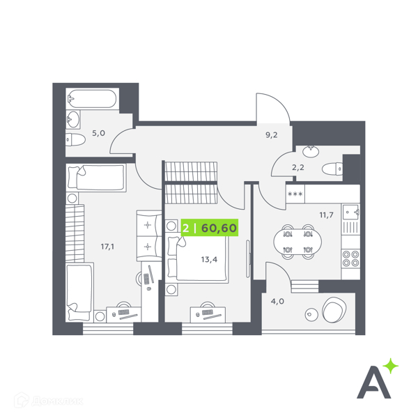 Планировка: 2 комнаты · 60,6 м²