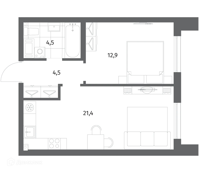 Планировка: 1 комната · 43,3 м²