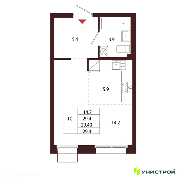 Планировка: Студия · 29,4 м²