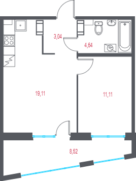 Планировка: 1 комната · 40,46 м²
