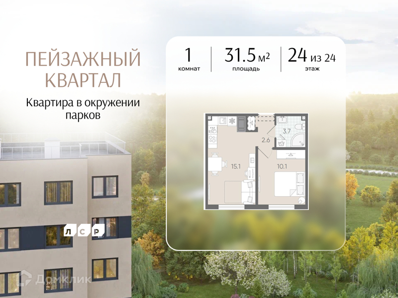Планировка: 1 комната · 31,5 м²