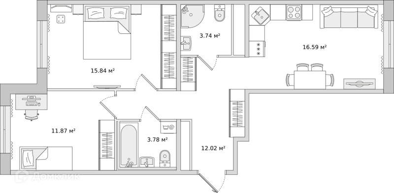 Планировка: 2 комнаты · 63,84 м²