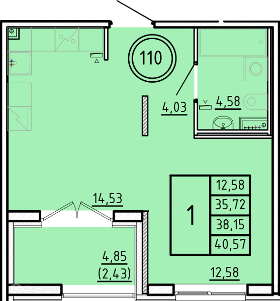 Планировка: 1 комната · 35,72 м²