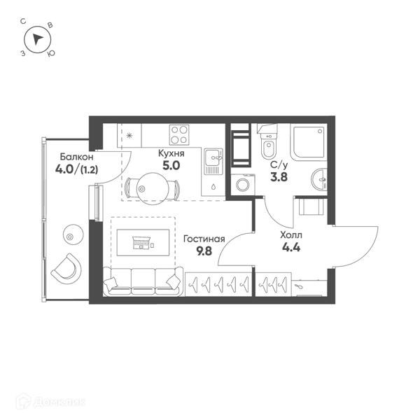 Планировка квартиры: Студия · 24,2 м²