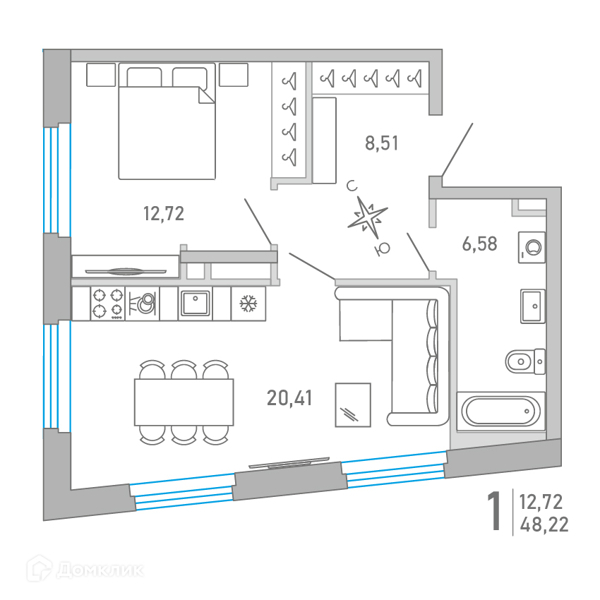 Планировка квартиры: 1 комната · 48,13 м²
