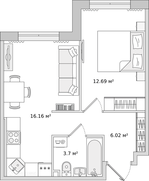 Планировка: 1 комната · 38,57 м²