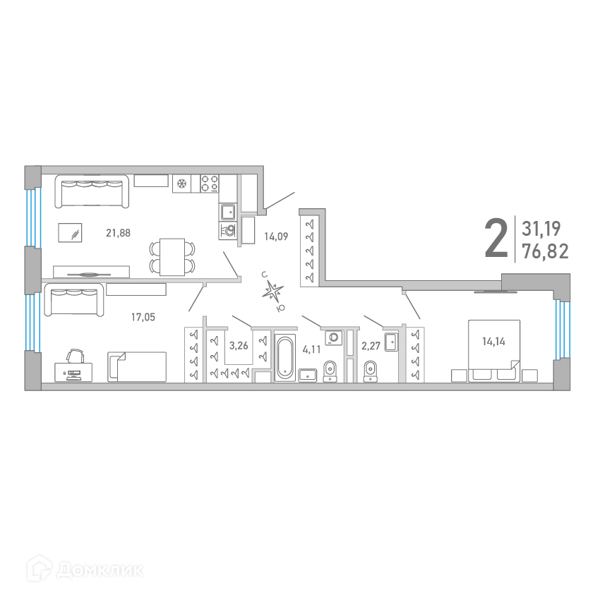 Планировка: 2 комнаты · 76,82 м²
