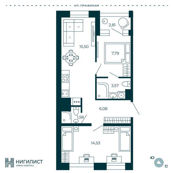 Планировка: 2 комнаты · 50,46 м²