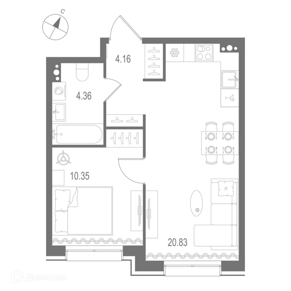 Планировка: 1 комната · 39,7 м²