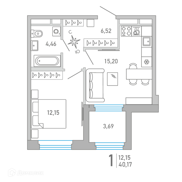 Планировка: 1 комната · 40,17 м²