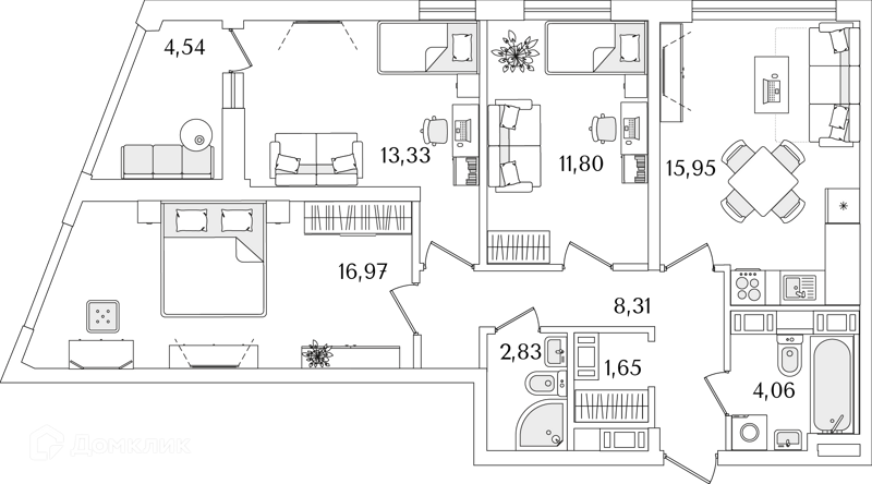 Планировка: 3 комнаты · 75,8 м²