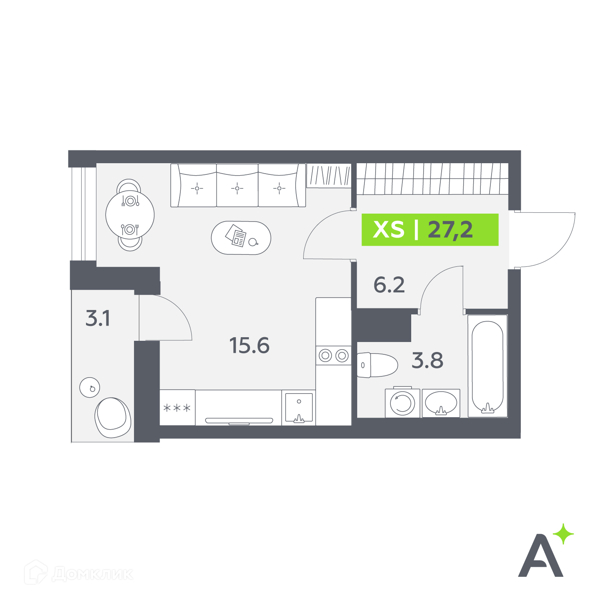 Планировка: Студия · 27,2 м²