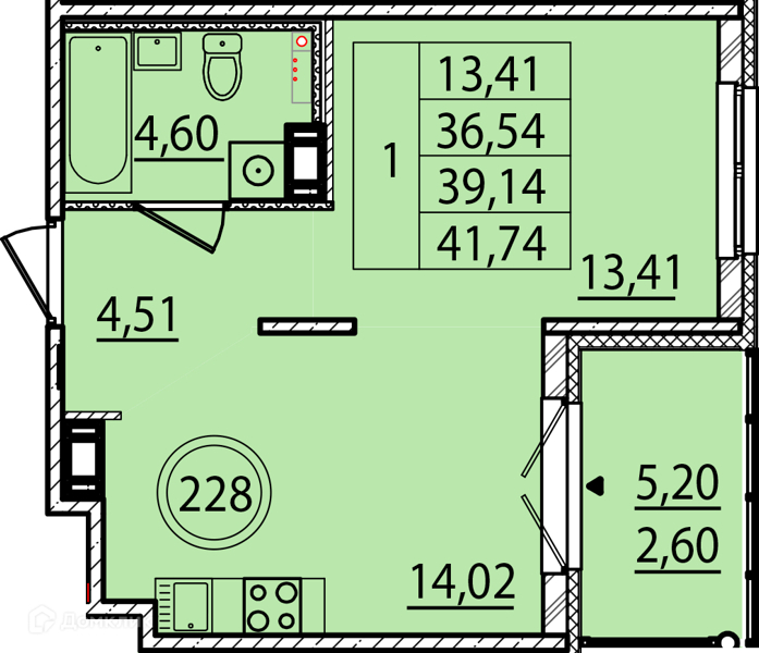 Планировка квартиры: 1 комната · 36,54 м²