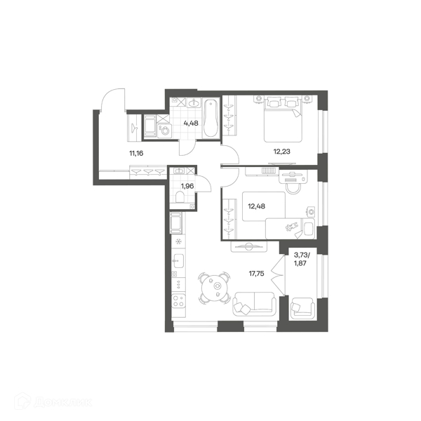 Планировка: 2 комнаты · 59,74 м²