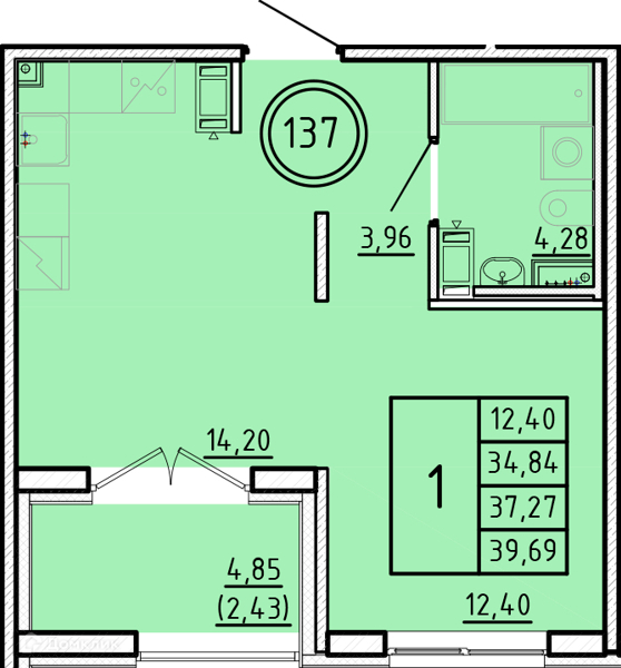 Планировка квартиры: 1 комната · 34,84 м²