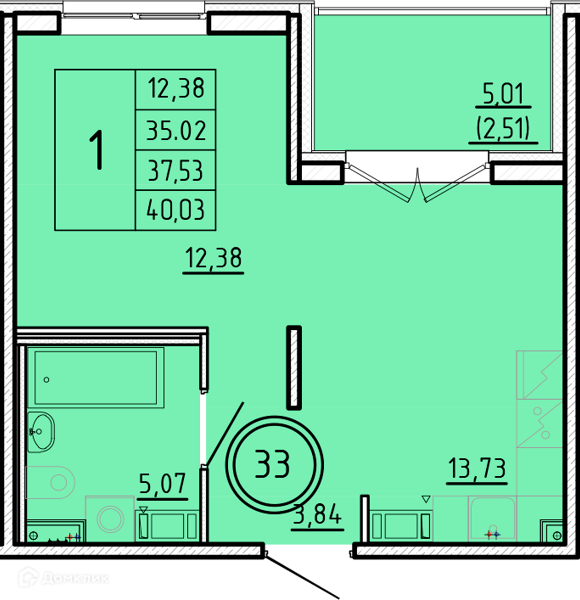 Планировка: 1 комната · 35,02 м²