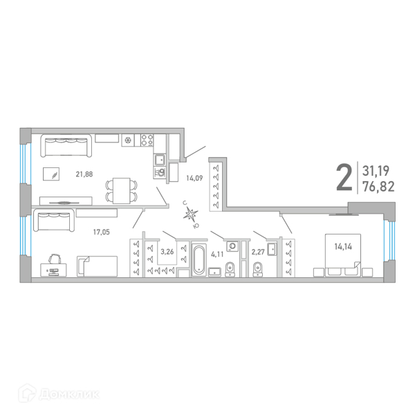 Планировка: 2 комнаты · 77,13 м²