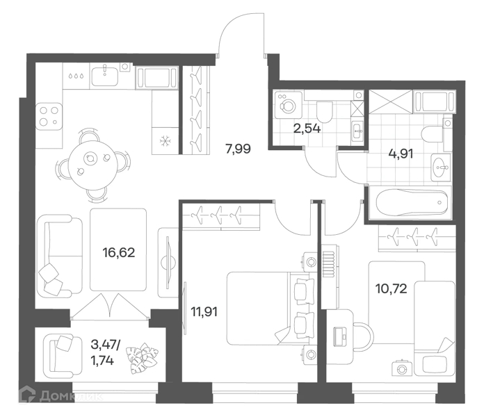 Планировка: 2 комнаты · 57,51 м²
