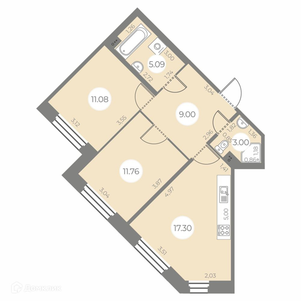 Планировка: 2 комнаты · 57,23 м²