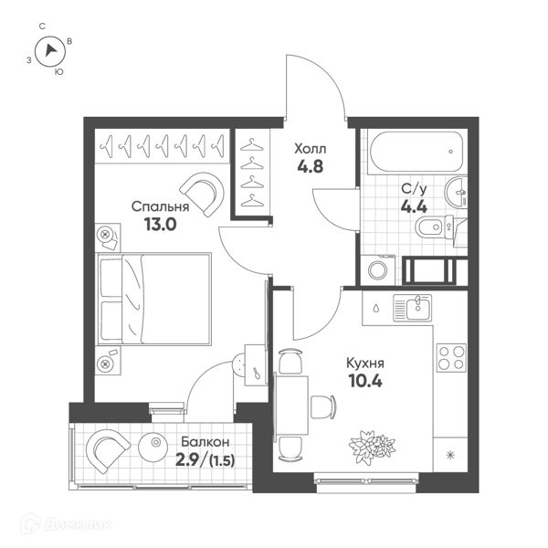 Планировка: 1 комната · 34,1 м²