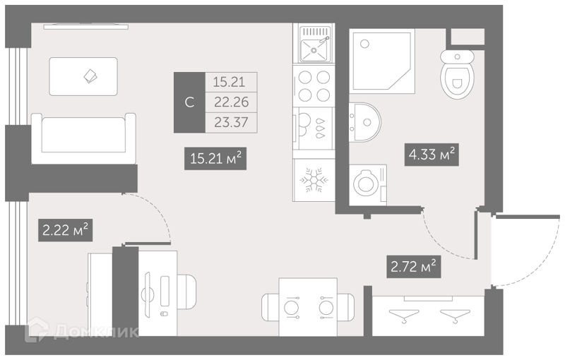 Планировка: Студия · 23,37 м²