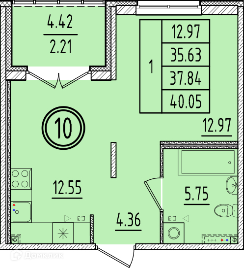 Планировка: 1 комната · 35,63 м²