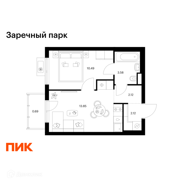 Планировка: 1 комната · 32,85 м²