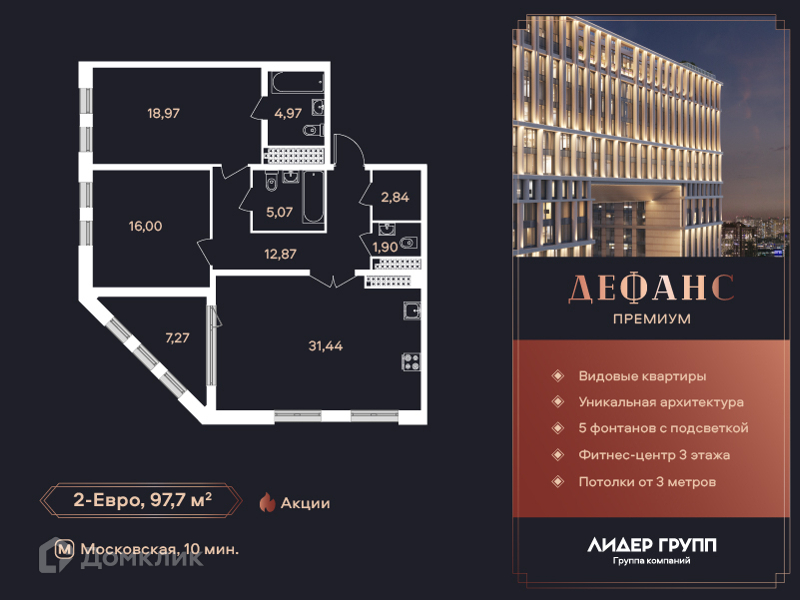 Планировка: 2 комнаты · 97,4 м²