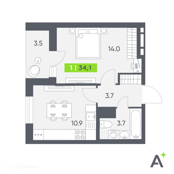Планировка: 1 комната · 34,1 м²