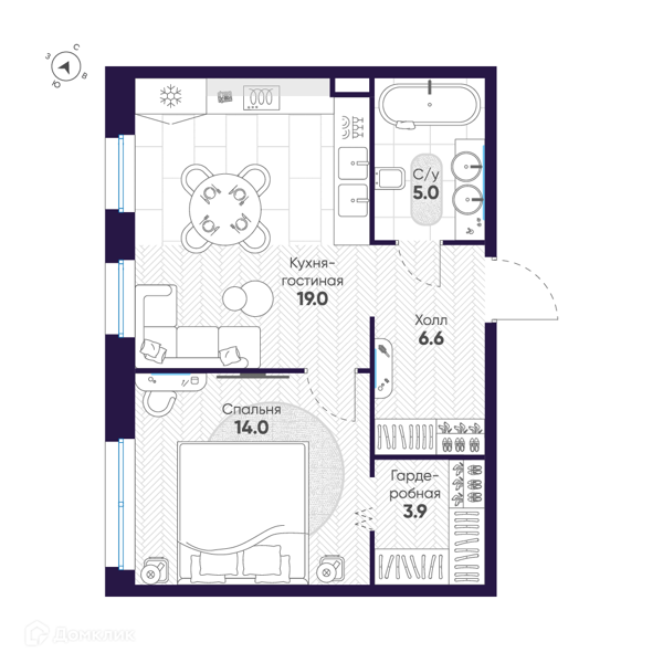 Планировка квартиры: 1 комната · 48,5 м²