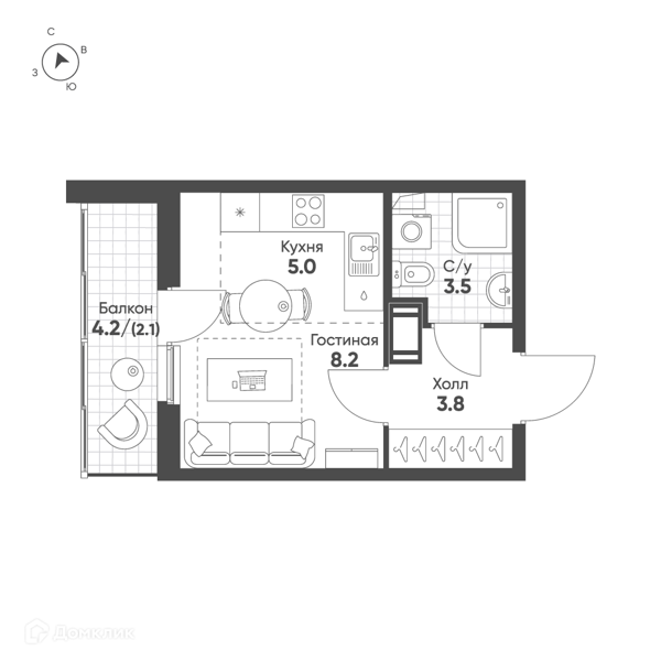 Планировка квартиры: Студия · 22,6 м²