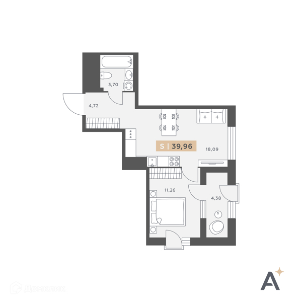 Планировка: 1 комната · 39,96 м²